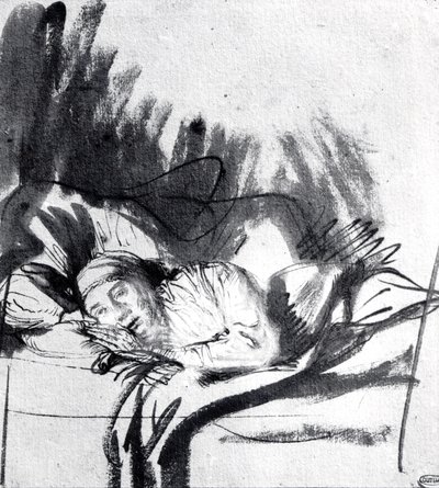 Sick woman in a bed, maybe Saskia, wife of the painter by Rembrandt van Rijn